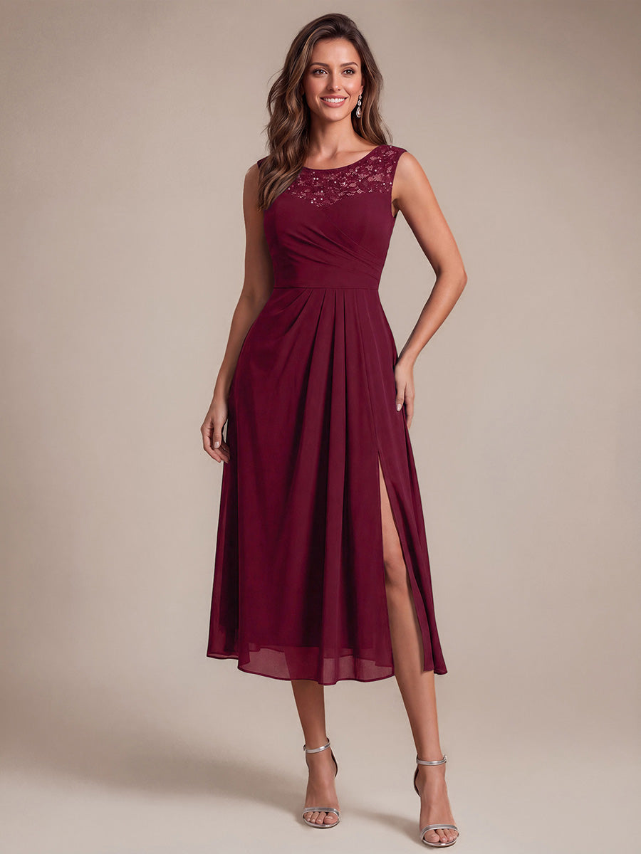 Sequin Lace Chiffon Sleeveless Wedding Guest Dress #color_Burgundy