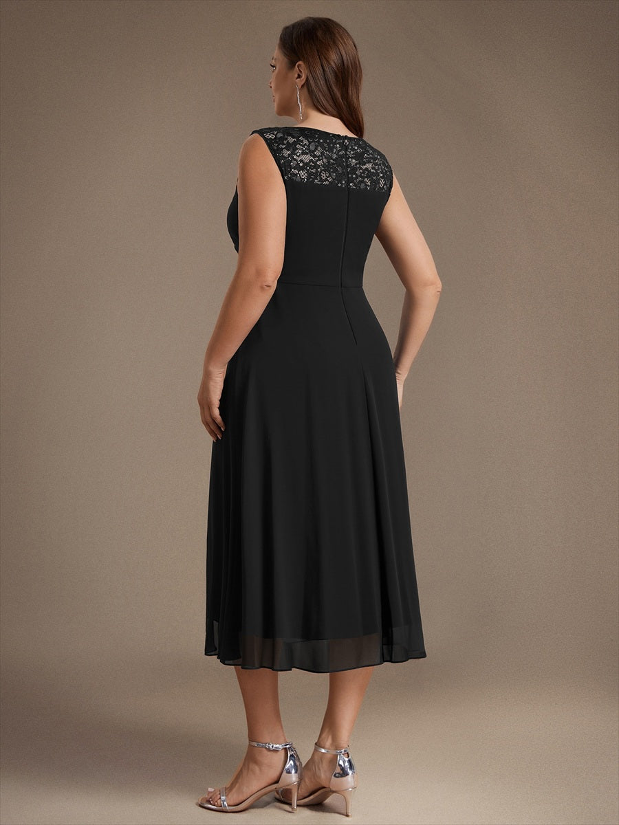 Plus Size See-through Sequin Lace&Chiffon Wedding Guest Dress #color_Black