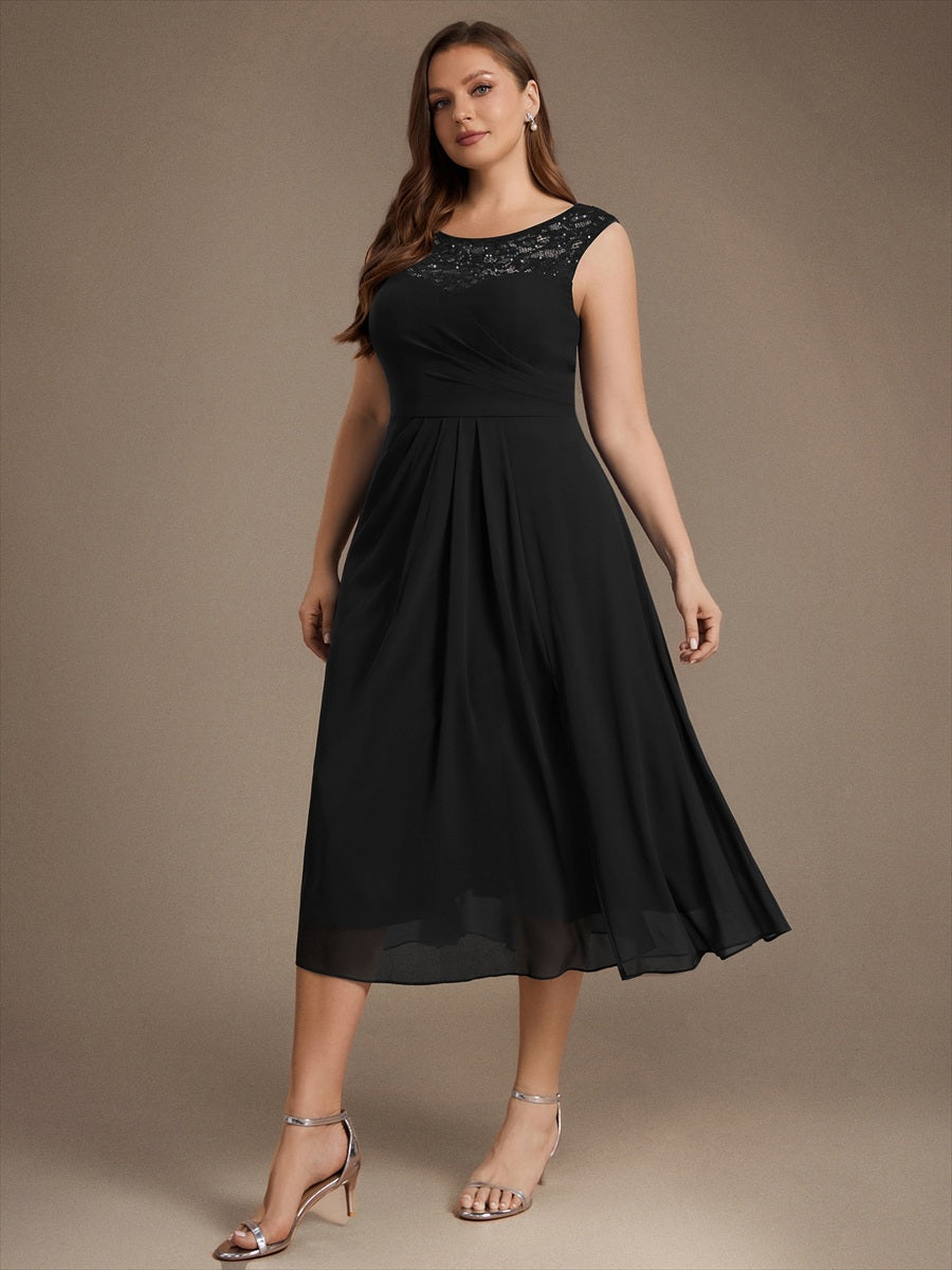 Plus Size See-through Sequin Lace&Chiffon Wedding Guest Dress #color_Black