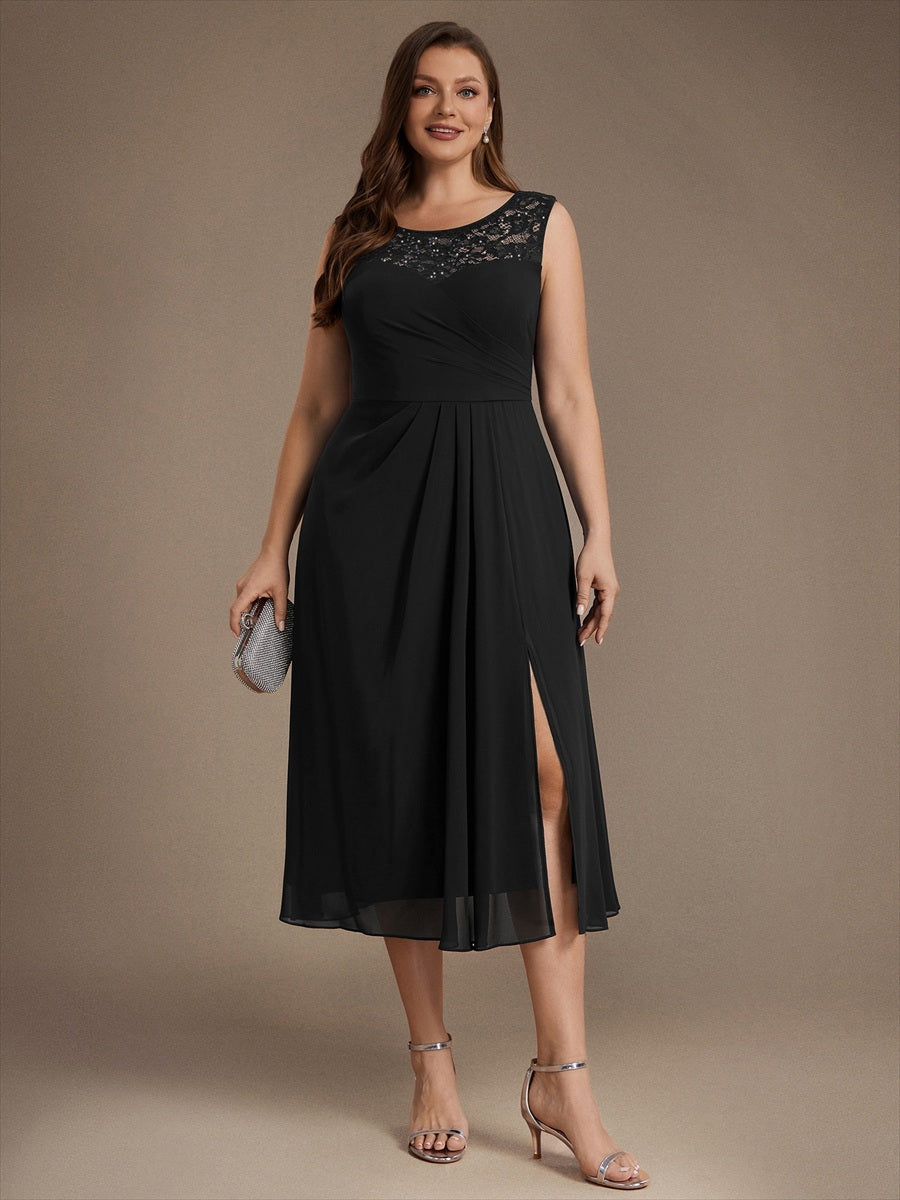 Plus Size See-through Sequin Lace&Chiffon Wedding Guest Dress #color_Black