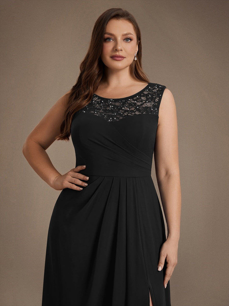 Sequin Lace Chiffon Sleeveless Wedding Guest Dress #color_Black