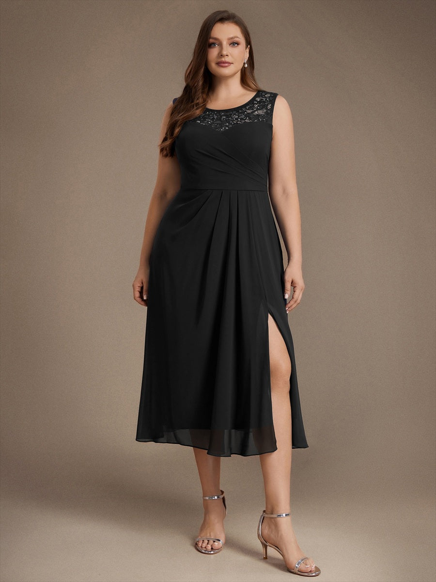Plus Size See-through Sequin Lace&Chiffon Wedding Guest Dress #color_Black