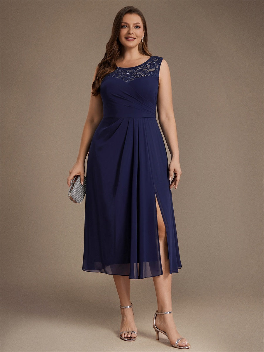 Plus Size See-through Sequin Lace&Chiffon Wedding Guest Dress #color_Navy Blue