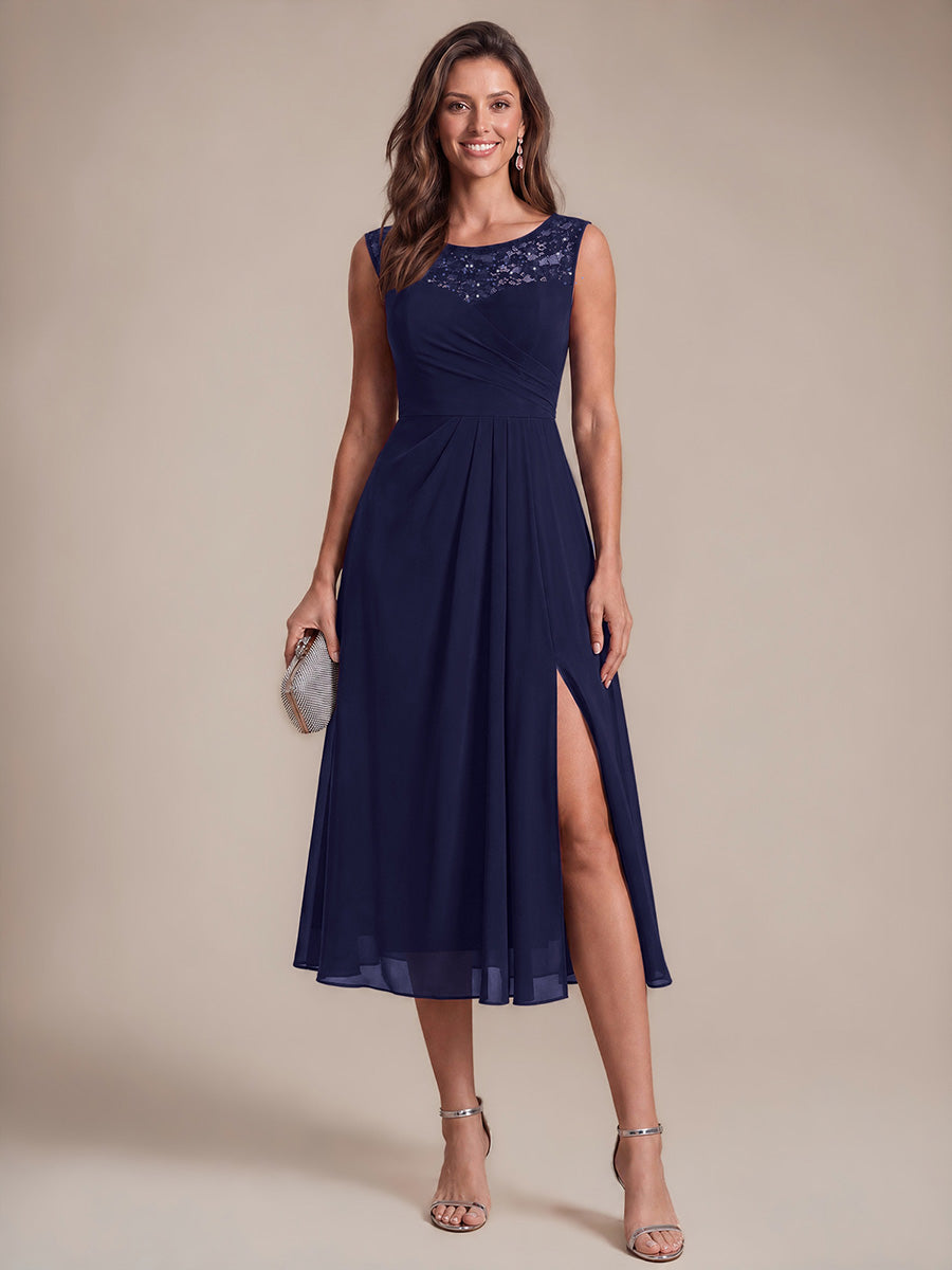 Sequin Lace Chiffon Sleeveless Wedding Guest Dress #color_Navy Blue