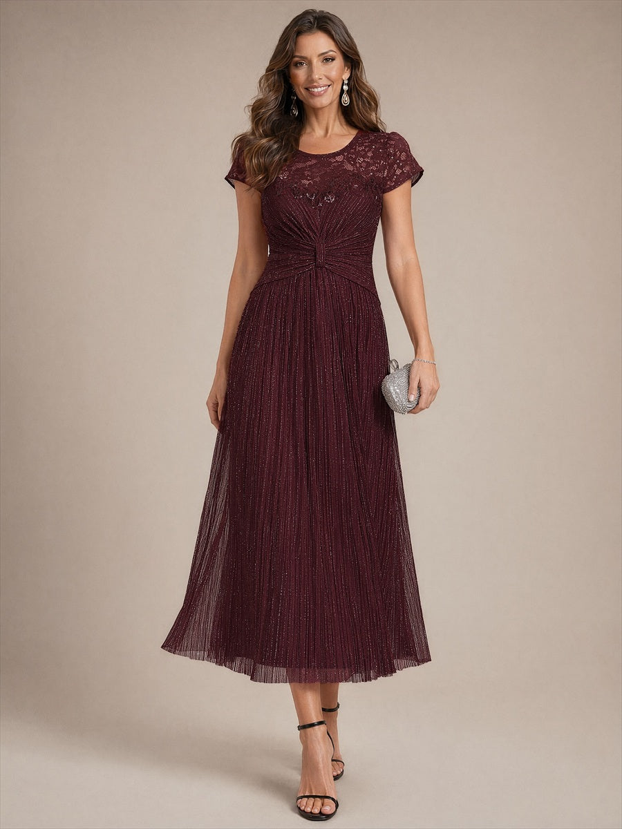 Tulle Cap Sleeve A-Line Wedding Guest Dress #color_Mahogany Brown