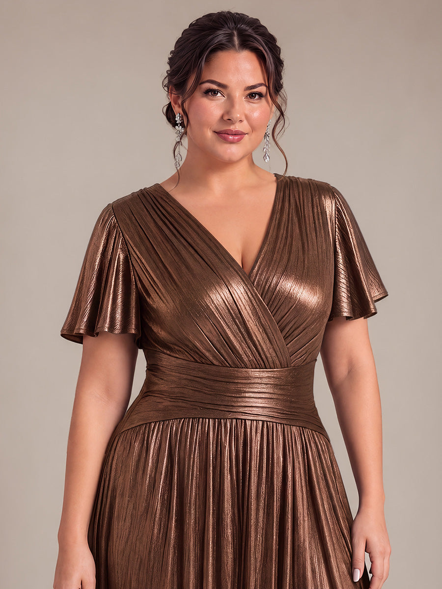 Metallic Knit Ruffle Sleeve Full Skirt Wedding Guest Dress #color_Chocolate Brown