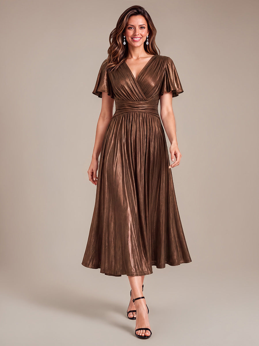 Metallic Knit Ruffle Sleeve Full Skirt Wedding Guest Dress #color_Chocolate Brown