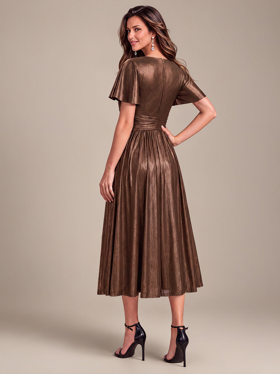 Metallic Knit Ruffle Sleeve Full Skirt Wedding Guest Dress #color_Chocolate Brown