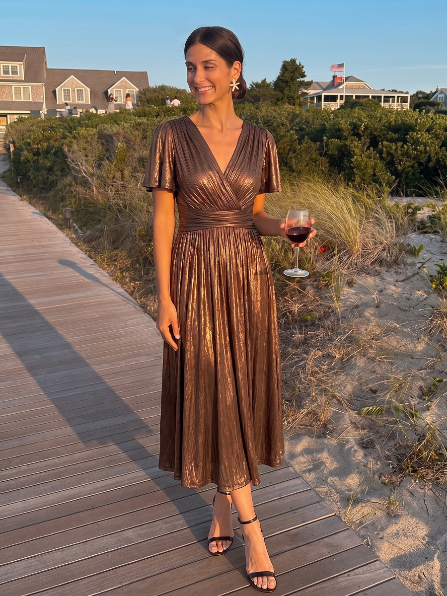 Metallic Knit Ruffle Sleeve Full Skirt Wedding Guest Dress #color_Chocolate Brown