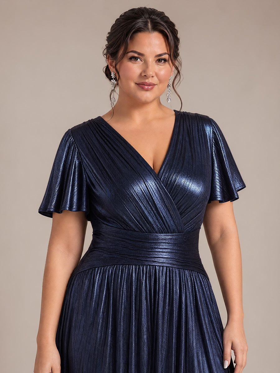 Plus Size Metallic Knit Ruffle Sleeve Wedding Guest Dress #color_Navy Blue