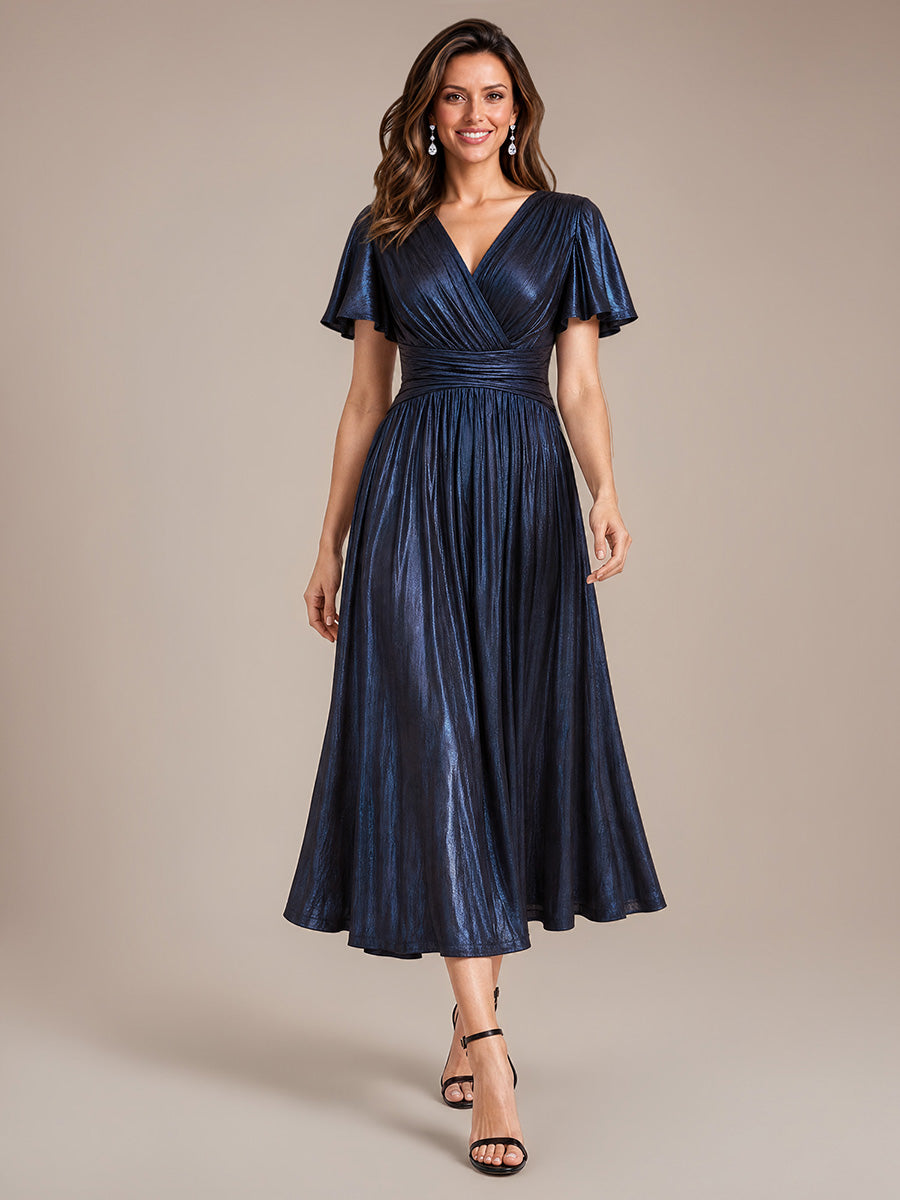Metallic Knit Ruffle Sleeve Full Skirt Wedding Guest Dress #color_Navy Blue