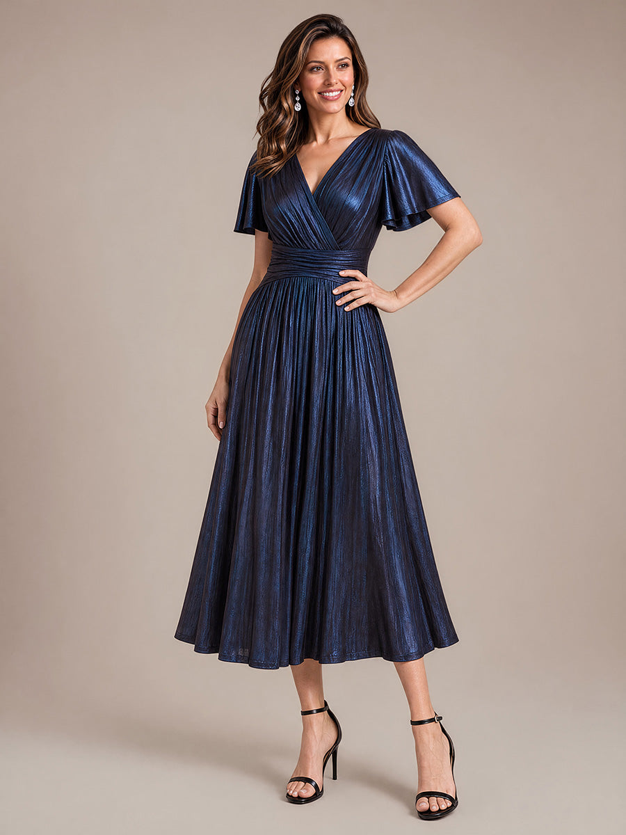 Metallic Knit Ruffle Sleeve Full Skirt Wedding Guest Dress #color_Navy Blue