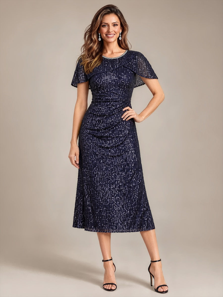 Sequin Cape Sleeve Bodycon Wedding Guest Dress #color_Navy Blue