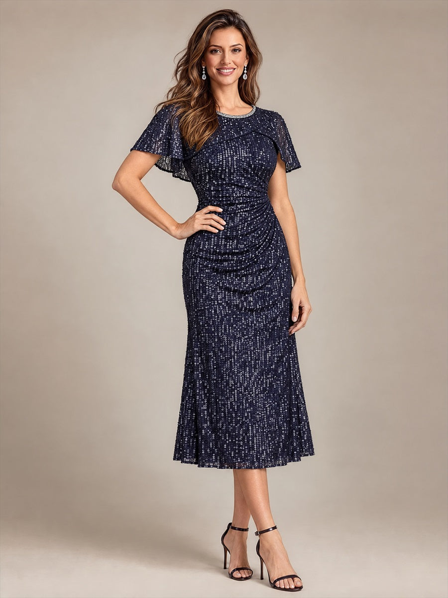 Sequin Cape Sleeve Bodycon Wedding Guest Dress #color_Navy Blue