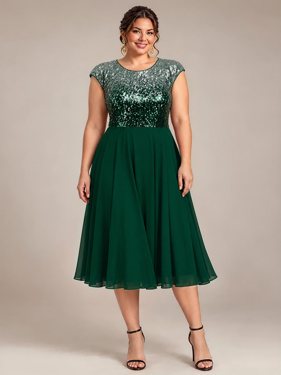 Sequin Cap Sleeve Round Neck Wedding Guest Dress #color_Green Silver