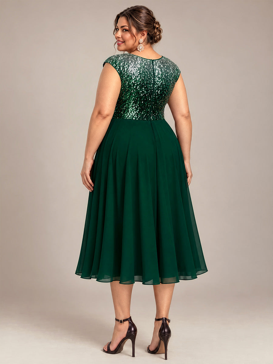 Plus Size Sequin Round Neck Wedding Guest Dress #color_Green Silver