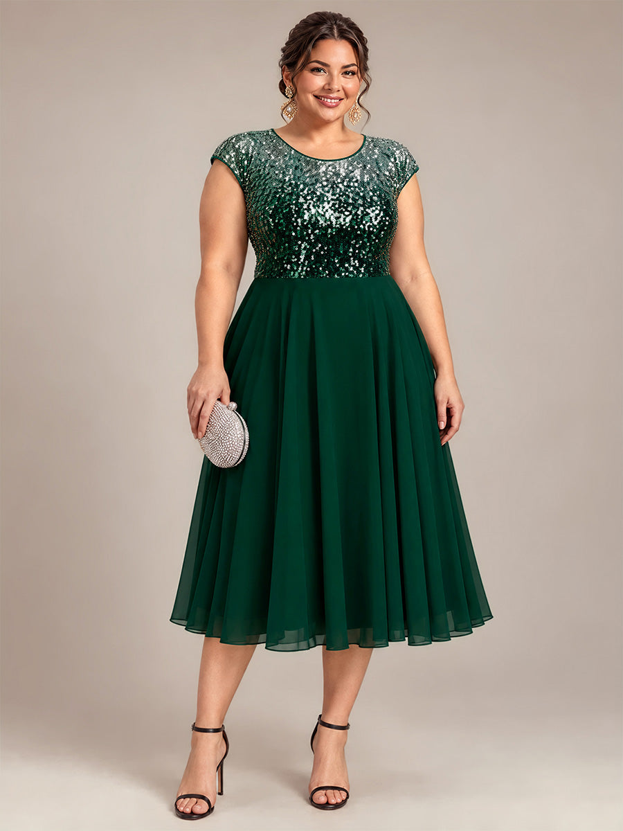 Plus Size Sequin Round Neck Wedding Guest Dress #color_Green Silver