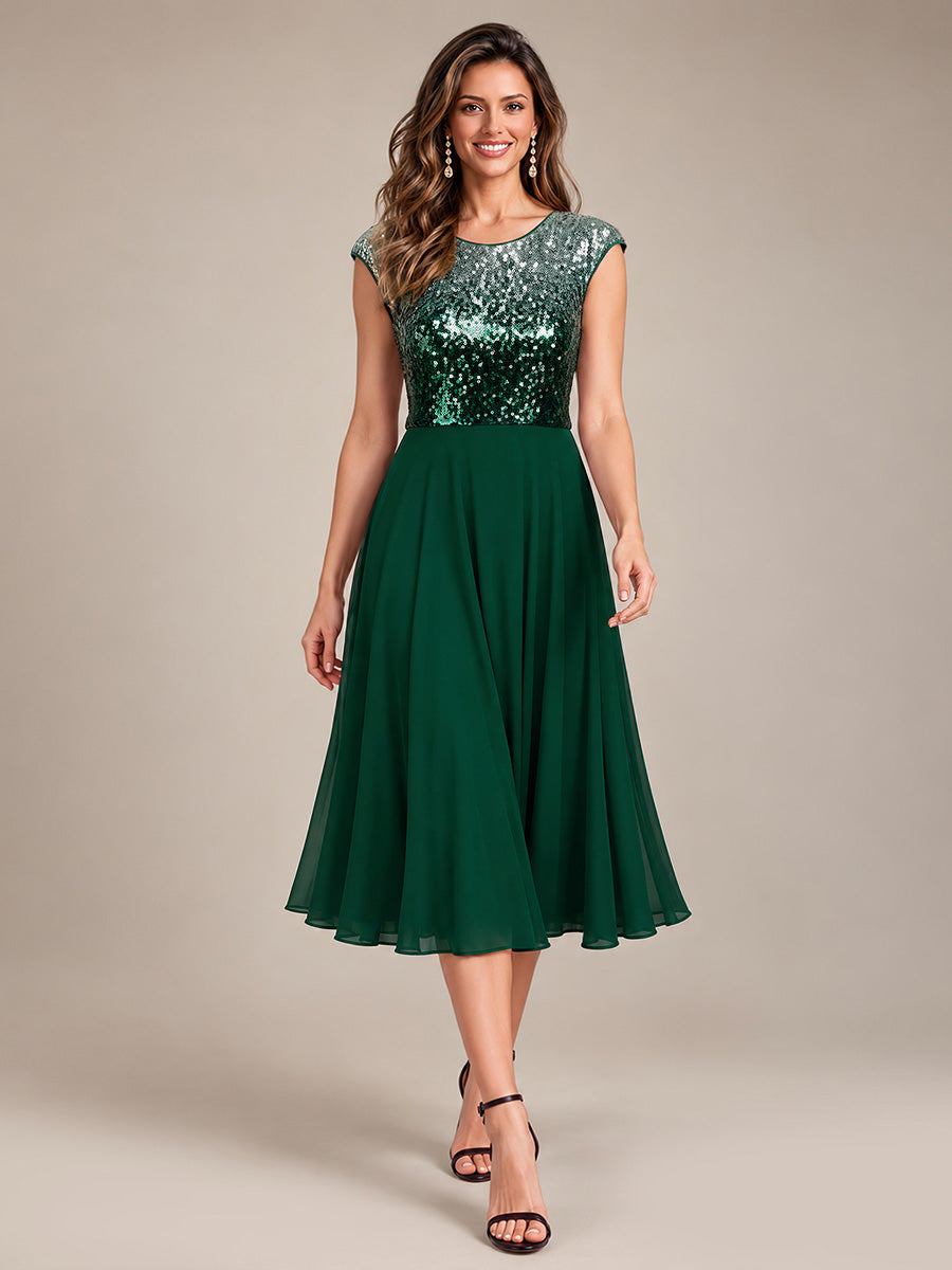 Sequin Cap Sleeve Round Neck Wedding Guest Dress #color_Green Silver