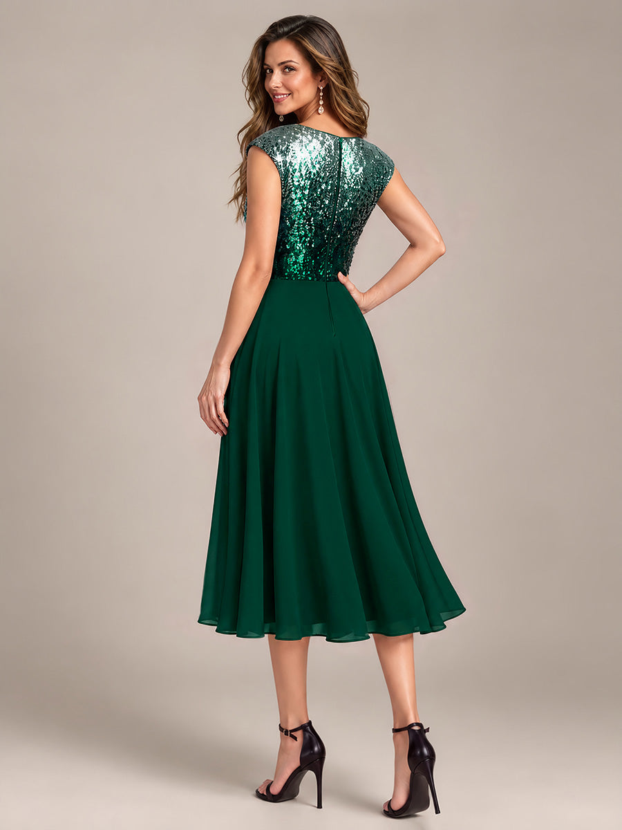 Sequin Cap Sleeve Round Neck Wedding Guest Dress #color_Green Silver
