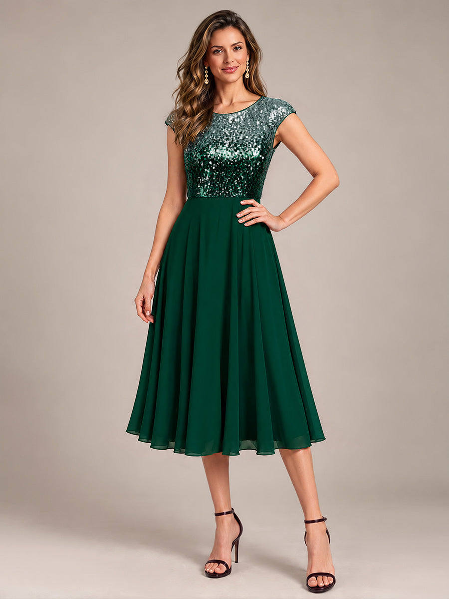 Sequin Cap Sleeve Round Neck Wedding Guest Dress #color_Green Silver