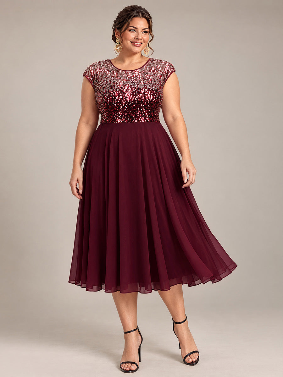 Plus Size Sequin Round Neck Wedding Guest Dress #color_Burgundy Pink