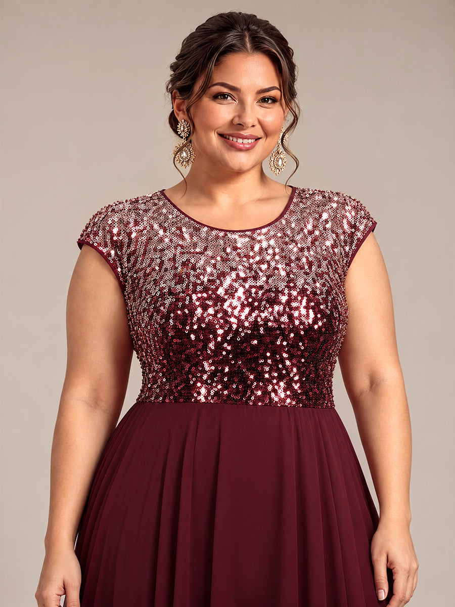 Plus Size Sequin Round Neck Wedding Guest Dress #color_Burgundy Pink