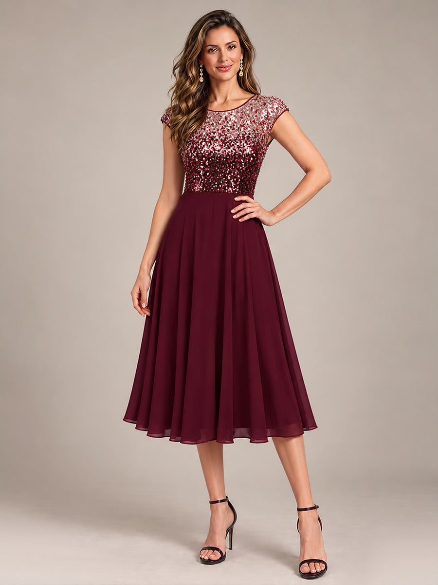 Sequin Cap Sleeve Round Neck Wedding Guest Dress #color_Burgundy Pink