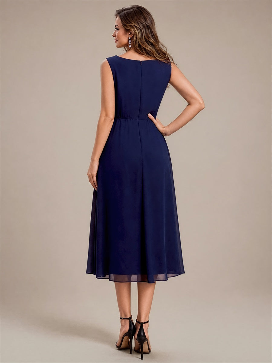 Chiffon Sleeveless Midi Wedding Guest Dress #color_Navy Blue