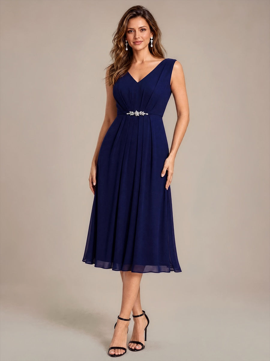 Chiffon Sleeveless Midi Wedding Guest Dress #color_Navy Blue
