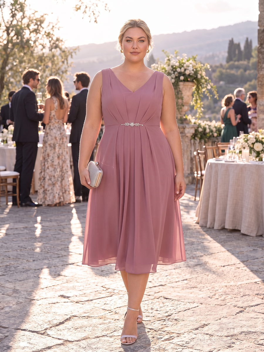 Chiffon Sleeveless Midi Wedding Guest Dress #color_Purple Orchid