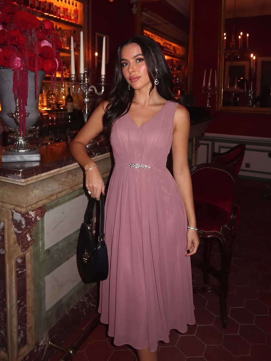 Chiffon Sleeveless Midi Wedding Guest Dress #color_Purple Orchid