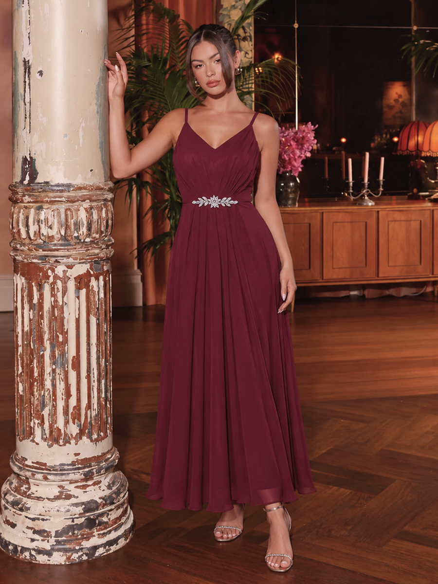 Chiffon Sleeveless Full Skirt Wedding Guest Dress #color_Burgundy