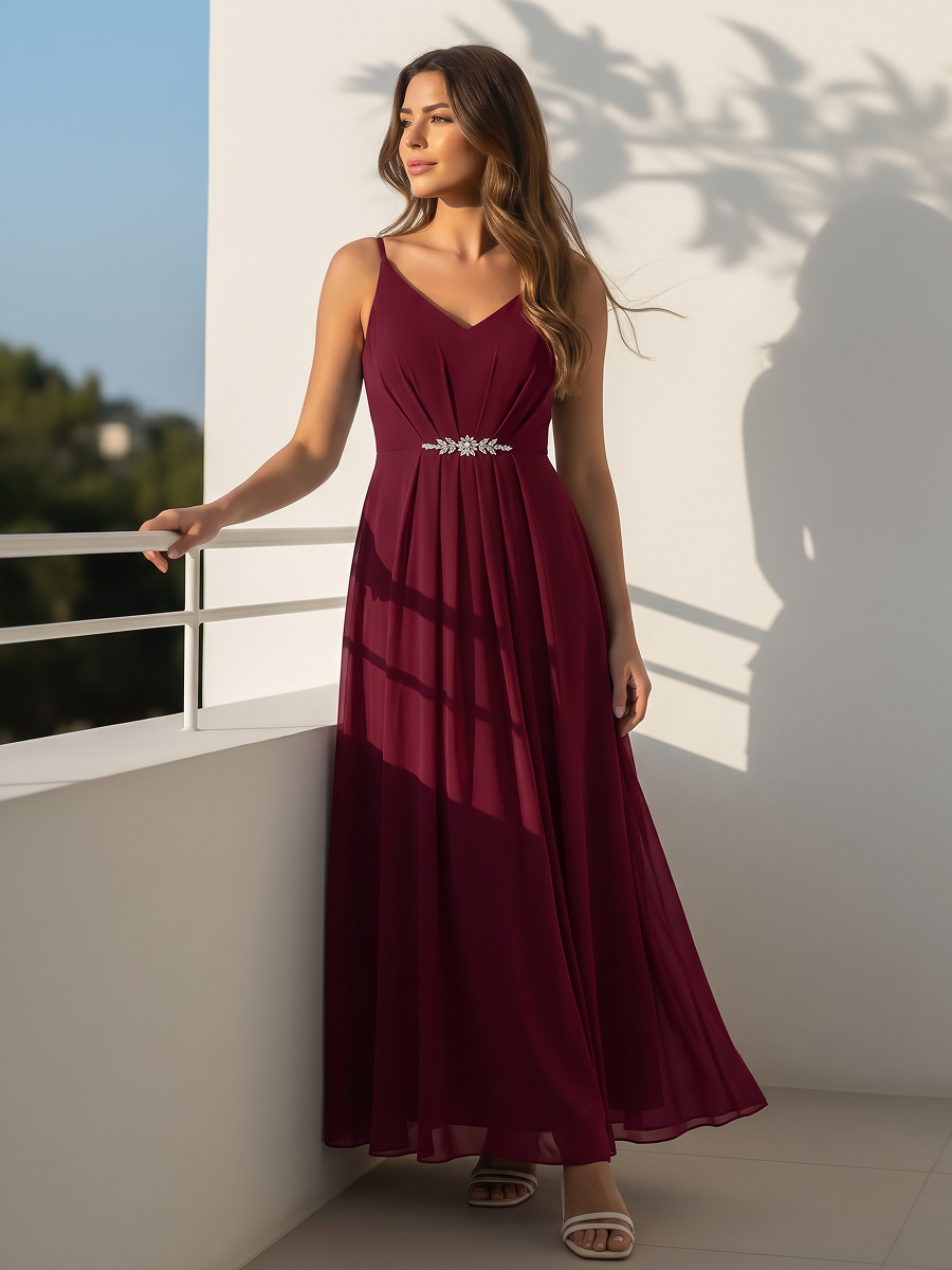 Chiffon Sleeveless Full Skirt Wedding Guest Dress #color_Burgundy