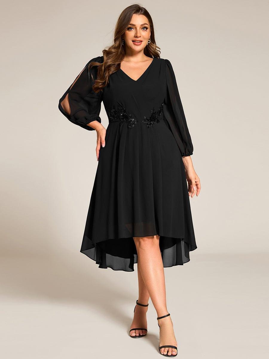 Plus Size Chiffon Midi Dress with Flowy Long Sleeves and Waist Applique