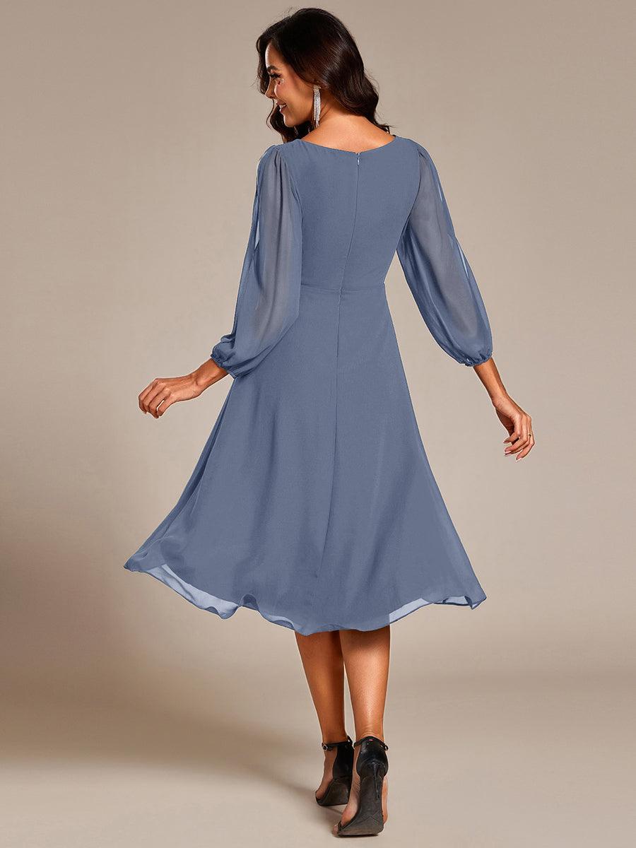 Long Sleeves Waist Applique A-Line Midi Chiffon Wedding Guest Dress #color_Dusty Blue