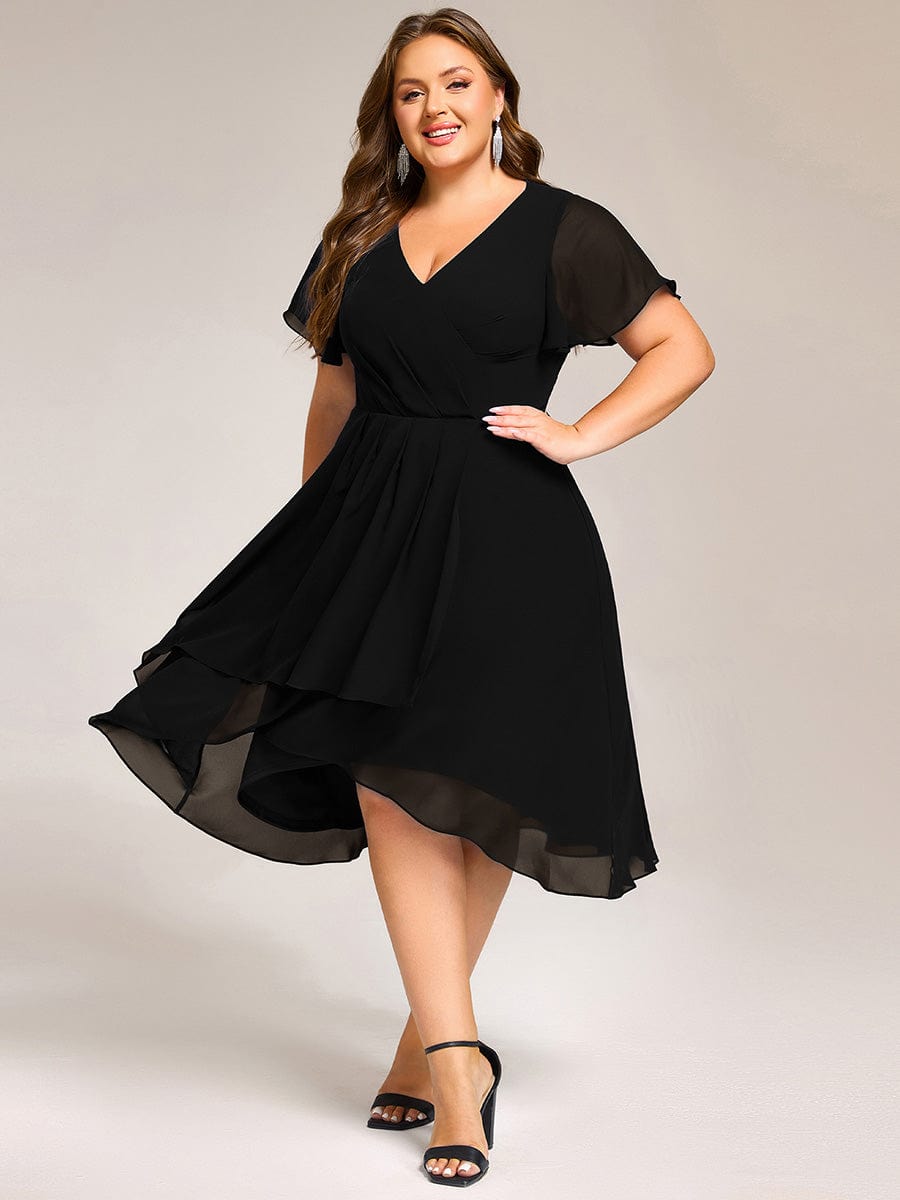 Short Sleeve Ruffled V-Neck Floral Printed Midi Wedding Guest Dress #color_Black