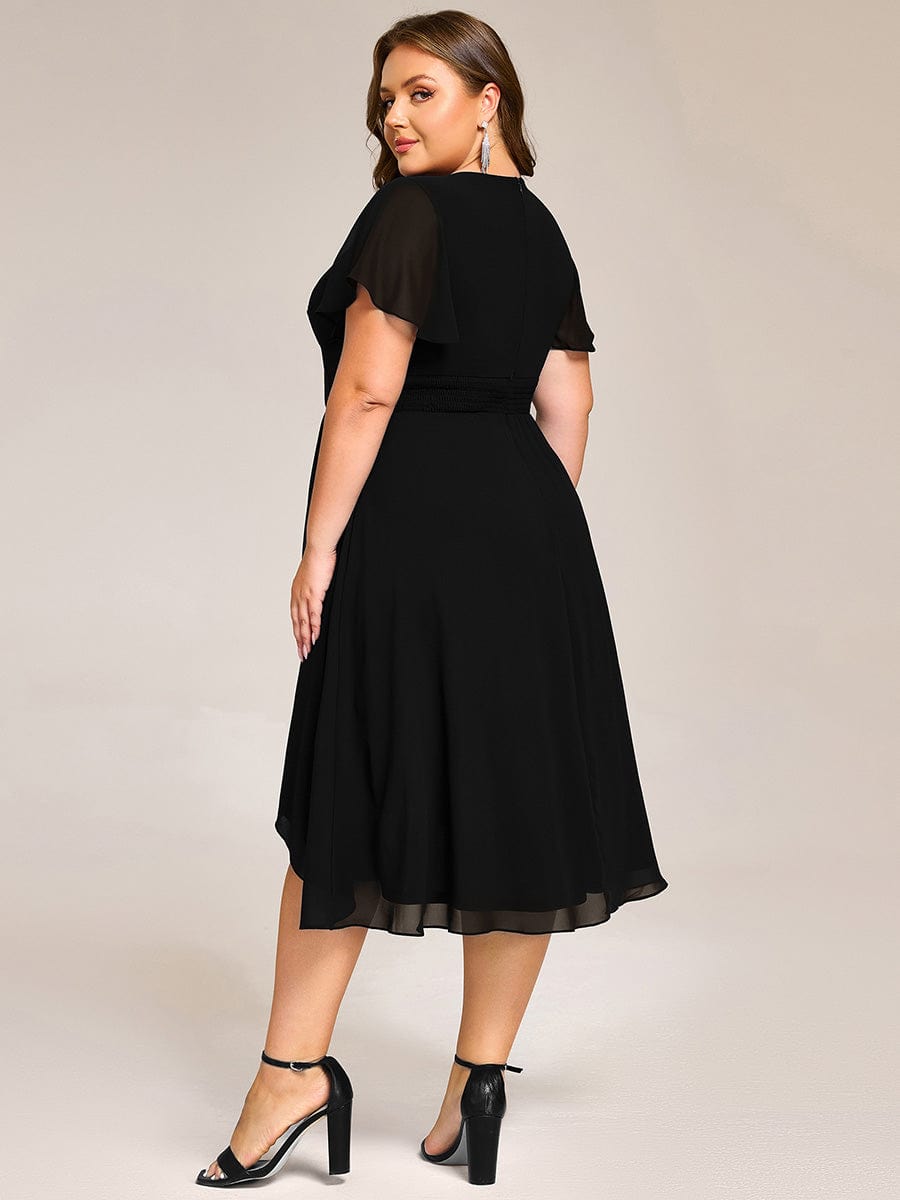 Short Sleeve Ruffled V-Neck Floral Printed Midi Wedding Guest Dress #color_Black