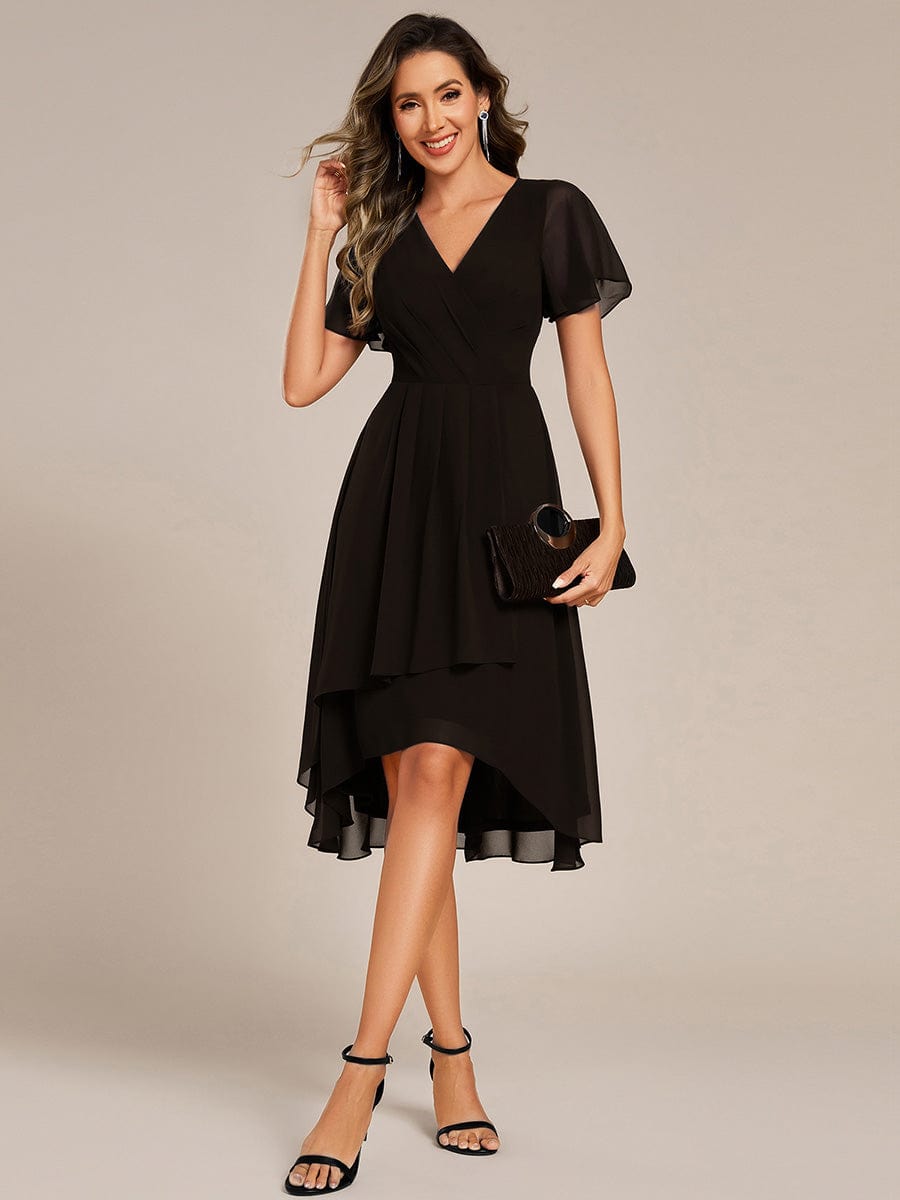 Short Sleeve Ruffled V-Neck Floral Printed Midi Wedding Guest Dress #color_Black