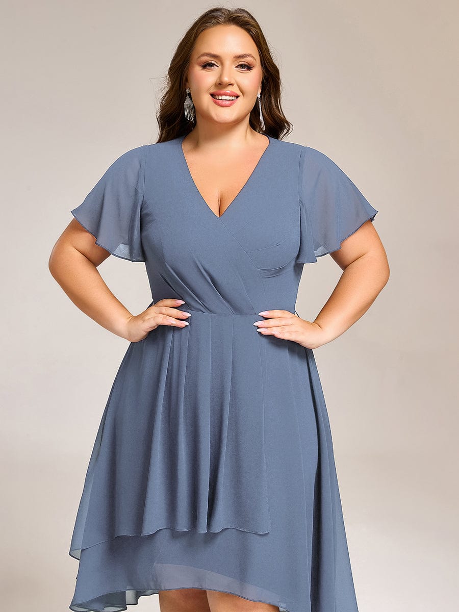 Short Sleeve Ruffled V-Neck Floral Printed Midi Wedding Guest Dress #color_Dusty Blue