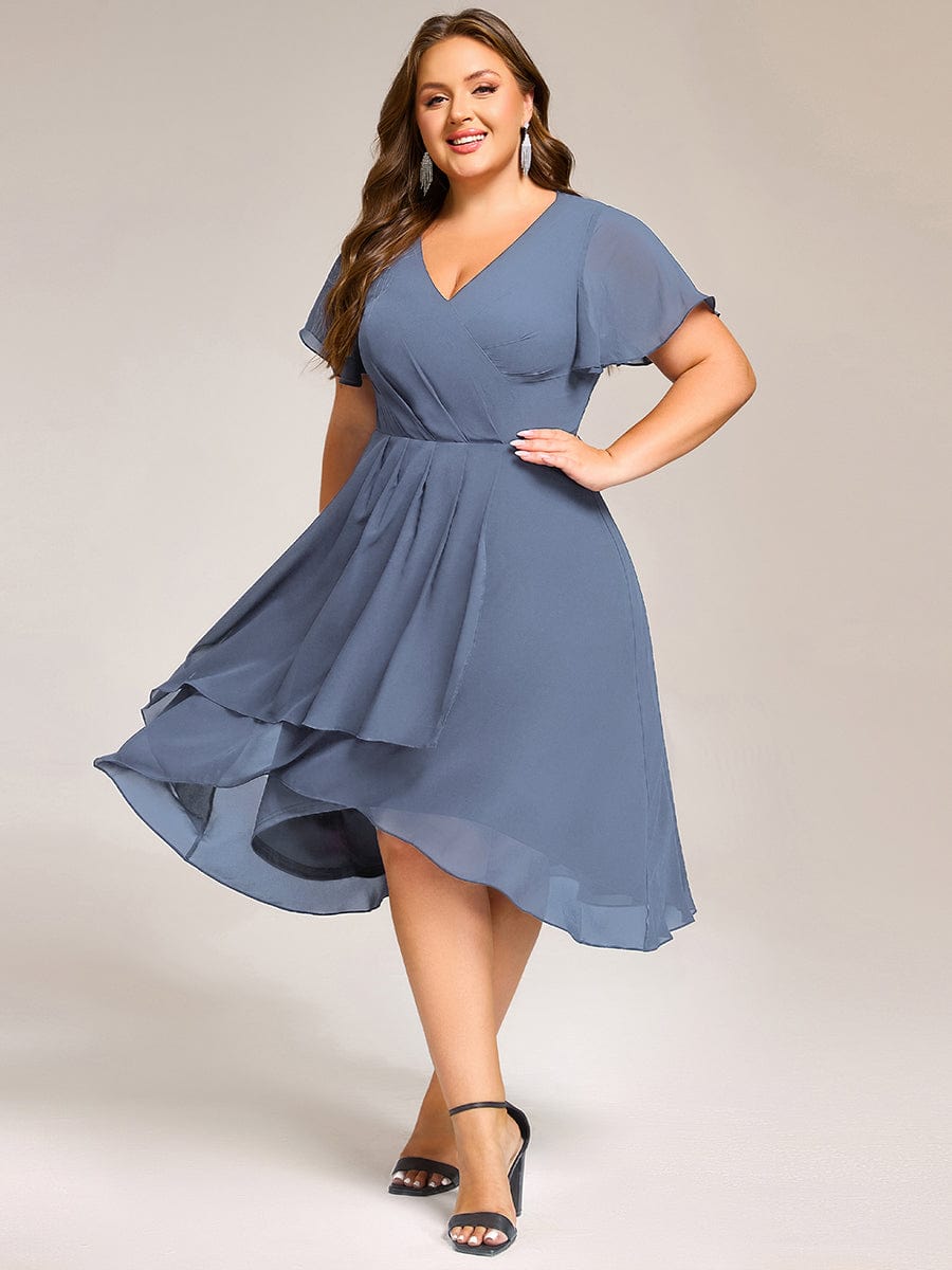 Short Sleeve Ruffled V-Neck Floral Printed Midi Wedding Guest Dress #color_Dusty Blue