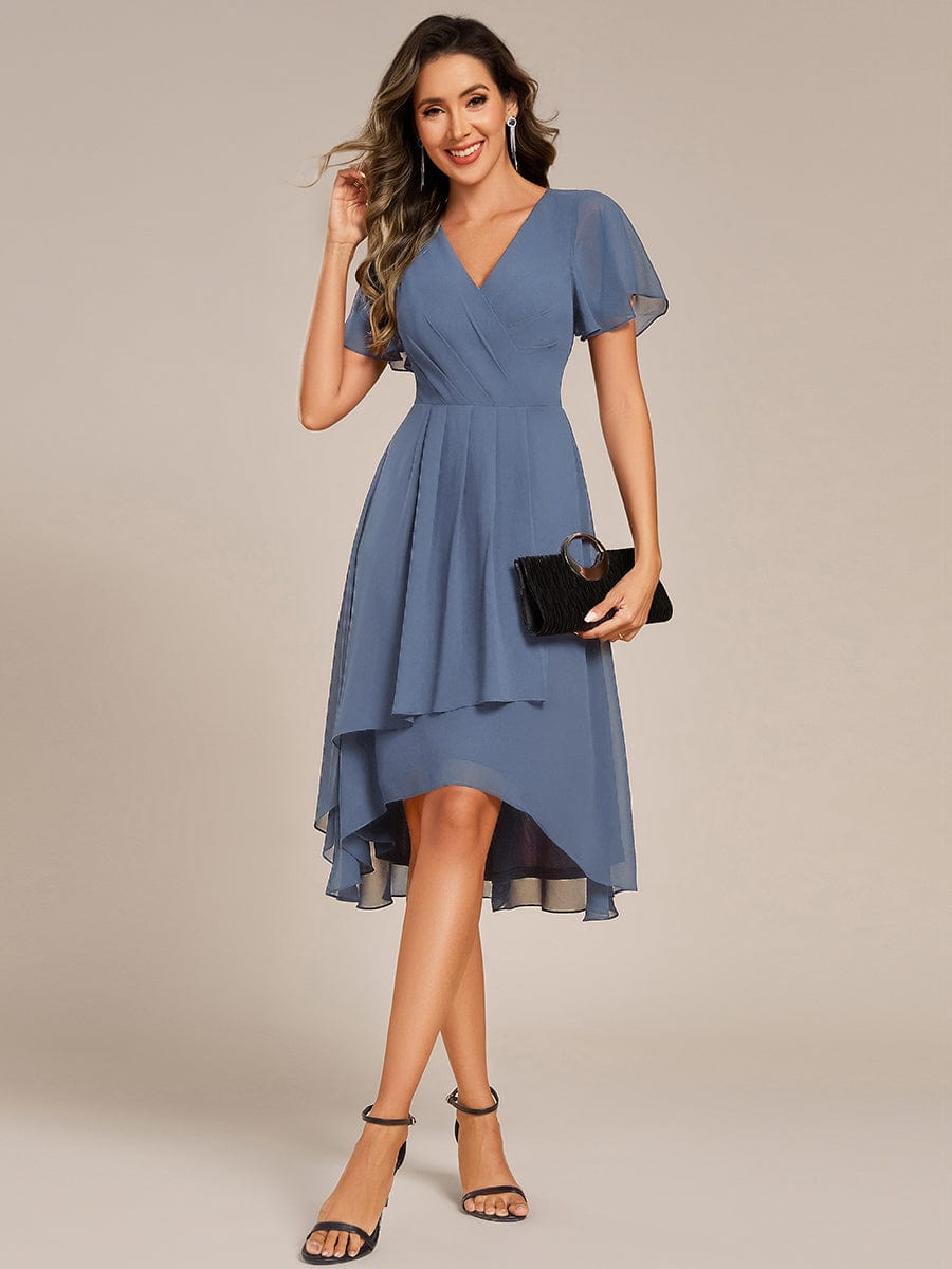 Short Sleeve Ruffled V-Neck Floral Printed Midi Wedding Guest Dress #color_Dusty Blue