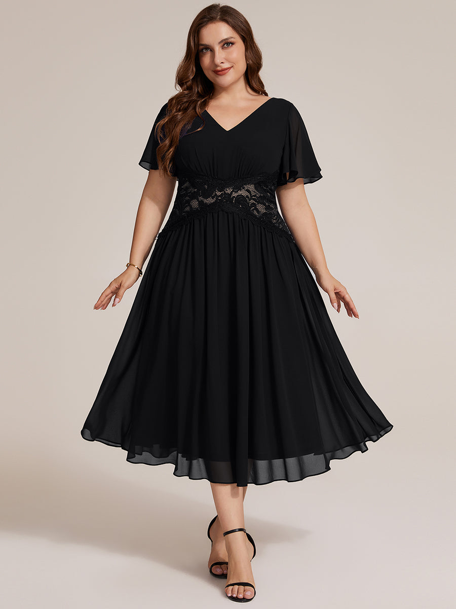 Chiffon Ruffle Sleeve Lace A-Line Wedding Guest Dress #color_Black