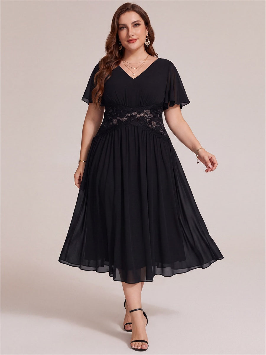 Chiffon Ruffle Sleeve Lace A-Line Wedding Guest Dress #color_Black