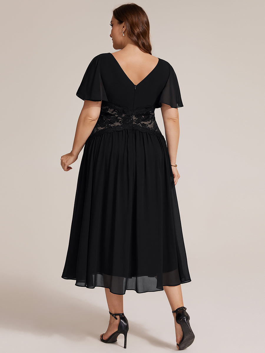 Chiffon Ruffle Sleeve Lace A-Line Wedding Guest Dress #color_Black