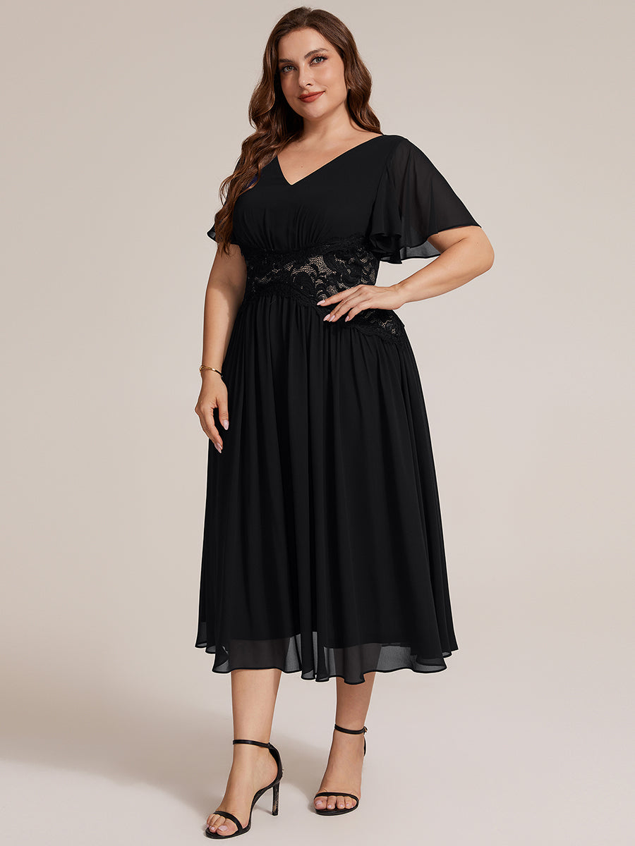 Chiffon Ruffle Sleeve Lace A-Line Wedding Guest Dress #color_Black