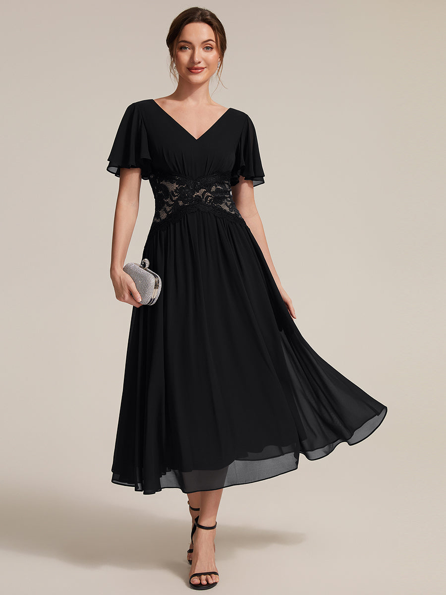 Chiffon Ruffle Sleeve Lace A-Line Wedding Guest Dress #color_Black