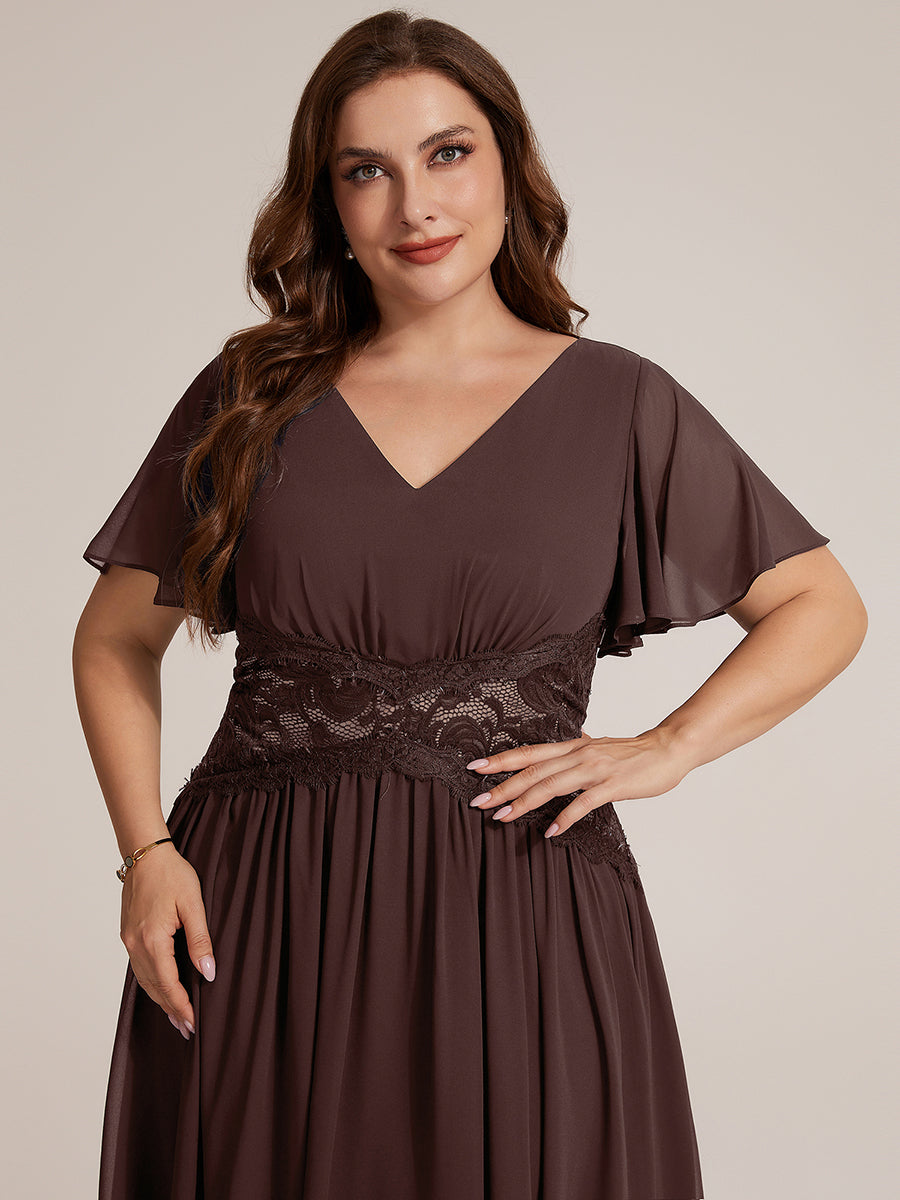 Plus Size Ruffle Lace Waist Wedding Guest Dress #color_Chocolate Brown