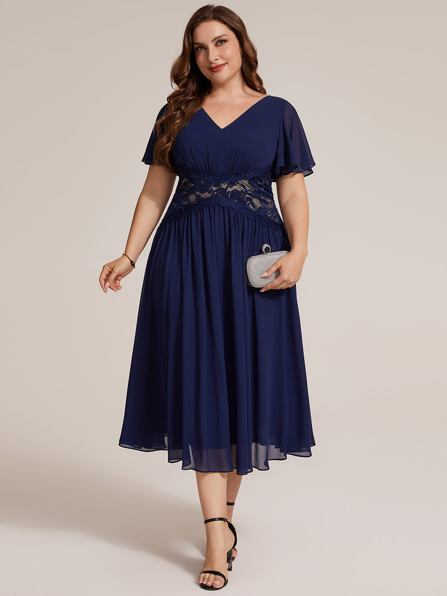 Chiffon Ruffle Sleeve Lace A-Line Wedding Guest Dress #color_Navy Blue