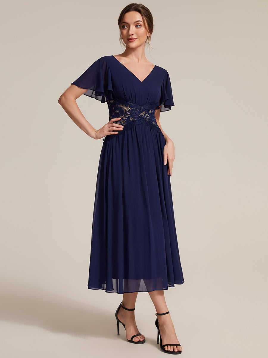 Chiffon Ruffle Sleeve Lace A-Line Wedding Guest Dress #color_Navy Blue