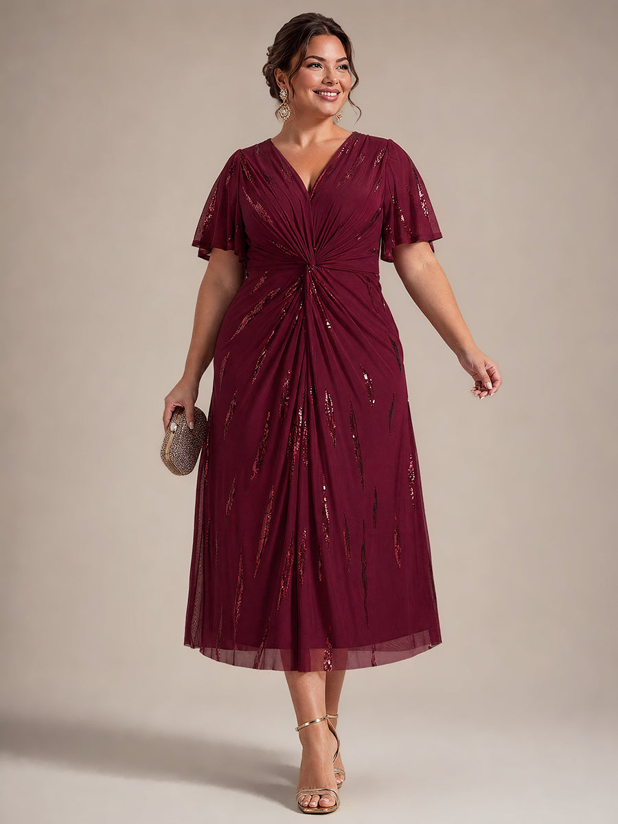Sequin Tulle Ruffle Sleeve Wedding Guest Dress #color_Burgundy